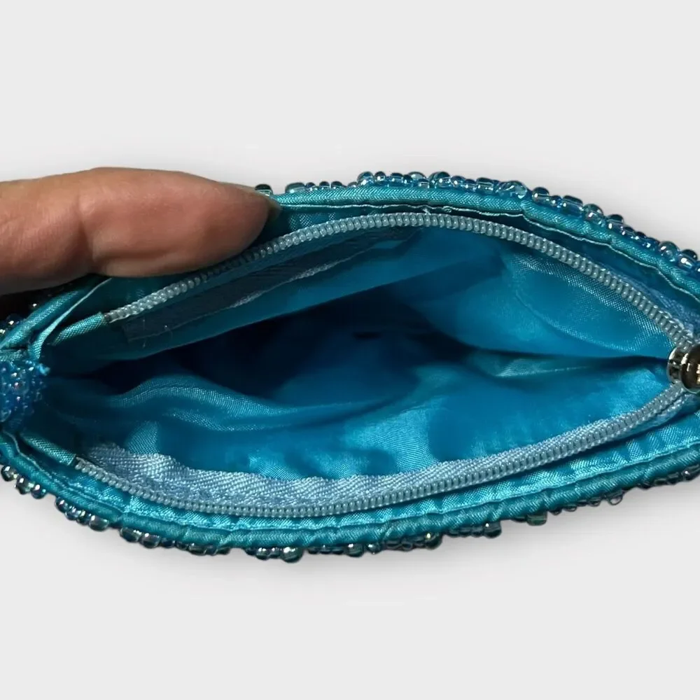 Beaded Blue, Gray, Pearl Zip Top Lined Clutch Purse, Change Purse